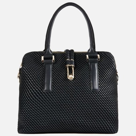JustFab Handbags - JustFab Black Vegan Leather Globetrotter Satchel